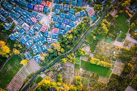 航拍夕阳下的西双版纳植物园建筑和森林背景图片