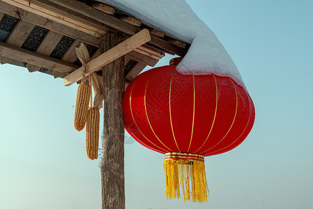 冬季农家乐乡村冰雪红灯笼高清图片