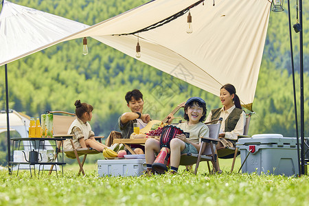 公园露营一家四口坐在草坪上游玩背景