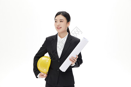 黑色背景女人拿着图纸夹着帽子的专业女工程师背景