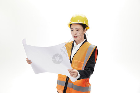 劳动节字形设计手上拿着图纸思考的专业女工程师背景