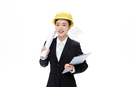 建筑专业手上拿着图纸的专业女工程师形象背景
