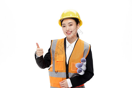 专业点赞素材身穿橙色反光马甲微笑点赞的女工程师背景