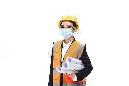 橙色帽冻存管戴着眼镜口罩在工地巡查的女工程师背景