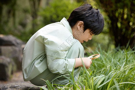 轻松图片小男孩在植物园拿着放大镜观察植物背景