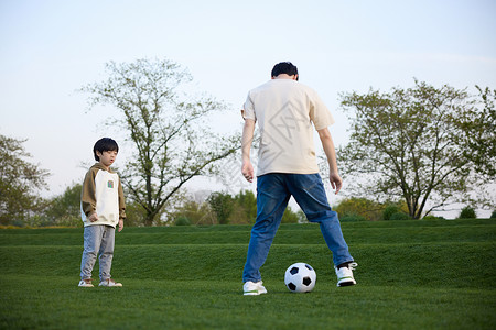 在草坪上玩足球游戏的父子俩高清图片