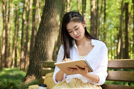 长椅上小可爱坐在森林长椅上画画的女孩背景