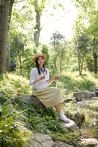 麻石森林里美女坐在石头上写生背景