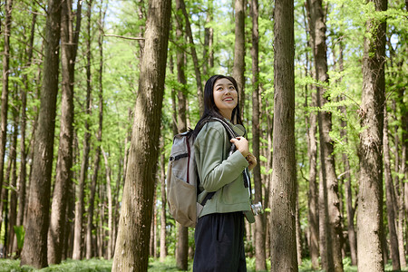 欲走走在森林公园里的美女背景