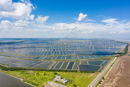 中国腾飞航拍盐城黄海滩涂湿地风力发电风光背景