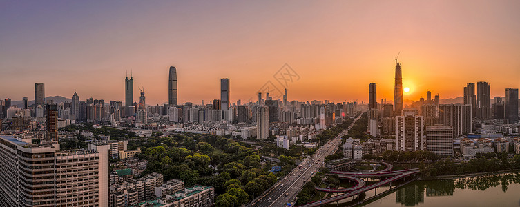 日落时分高空俯瞰深圳城市中心景观图片