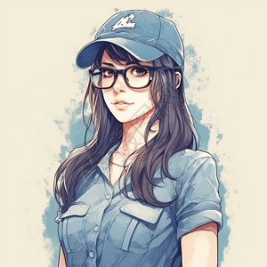 戴眼镜的黑发女孩t恤和蓝色帽子动漫风格图片