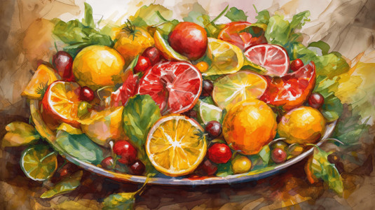 一副油画风格的水果沙拉图片