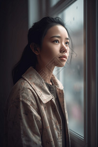 一个年轻中国女孩站在窗边高清图片