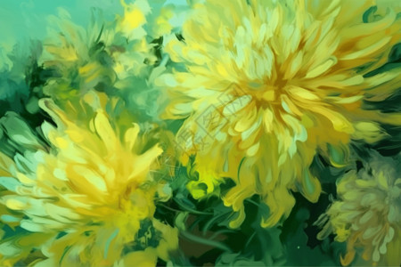 绿色系统油画风格的黄色鲜花插画