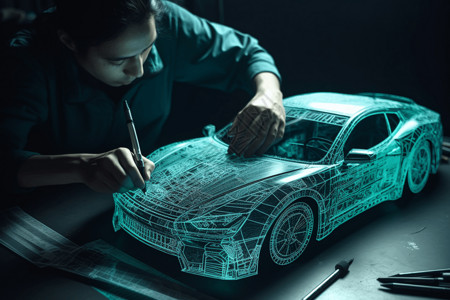 平面模型机械师工程师在使用计算机生成汽车模型AR虚拟现实设计图片