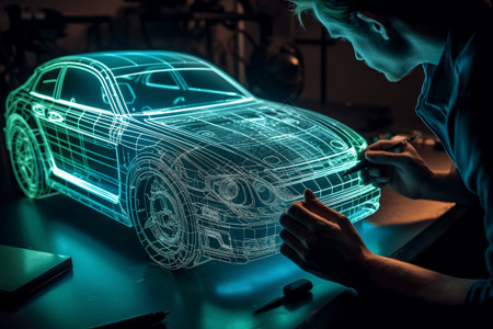 平面风格机械师工程师在使用计算机生成汽车模型AR虚拟现实设计图片