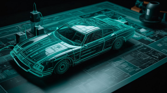 汽车AR机械师工程师在使用计算机生成汽车模型AR虚拟现实设计图片