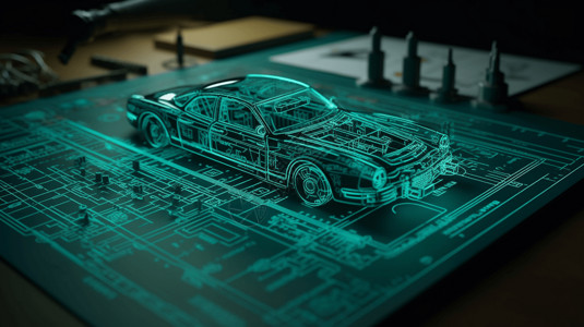 绿色工程机械师在使用计算机生成汽车模型AR虚拟现实设计图片