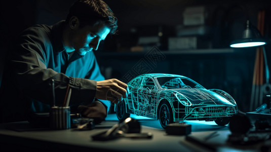 全息术机械师工程师在使用计算机生成汽车模型AR虚拟现实设计图片