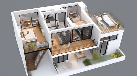 商业公寓3D温馨小别墅两层楼效果图插画