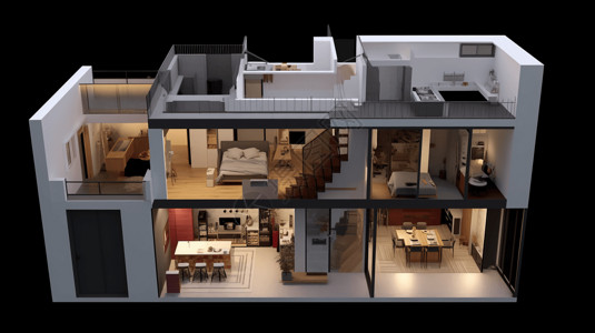 室内设计平面图温暖小别墅3D效果图插画