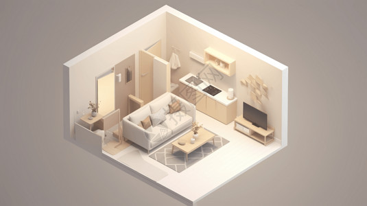 装修户型一室户温暖公寓2.5D等距效果图插画