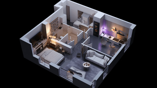 通透户型一室户公寓室内装修3D效果图插画