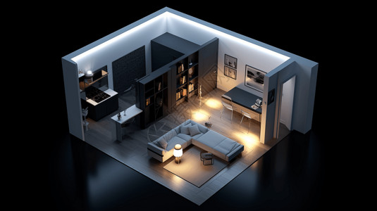 室内设计平面图一室户公寓室内装修效果图插画