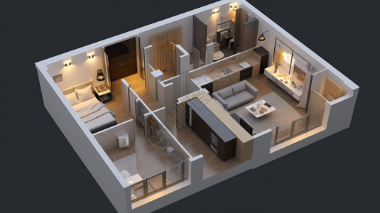 室内设计平面图一室户公寓效果图插画