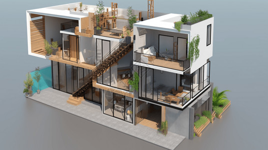 温馨卧室模型温馨小别墅3D两层效果图插画