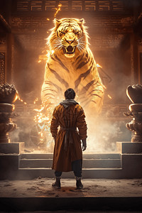 中国武术风格中一个男孩站在巨大的金虎面前插画