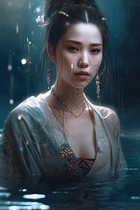 中国古代美女站在水中写实插画背景图片