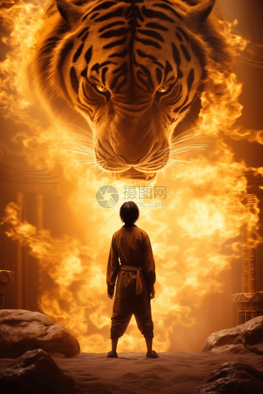 中国武术风格中一个男孩站在巨大的金虎面前图片