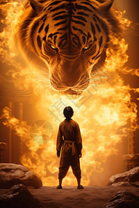 中国武术风格中一个男孩站在巨大的金虎面前高清图片