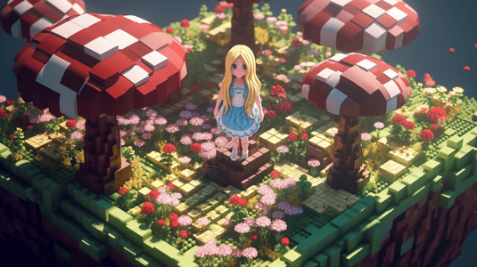 像素风格3D梦长发少女梦幻花园场景背景图片