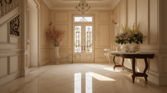一张经典素材米色经典别墅的入口大厅设计图片