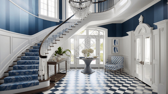 蓝色和白色航海主题门厅房屋入口配有大楼梯和吊图片