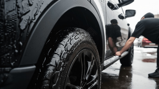 汽车清洁轮胎刷泡沫高清图片