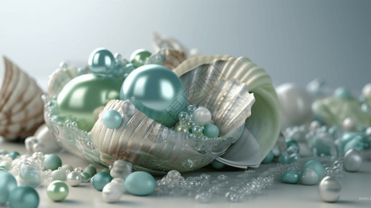 珍珠般的蓝绿色海贝壳和散落的珍珠3D图插画