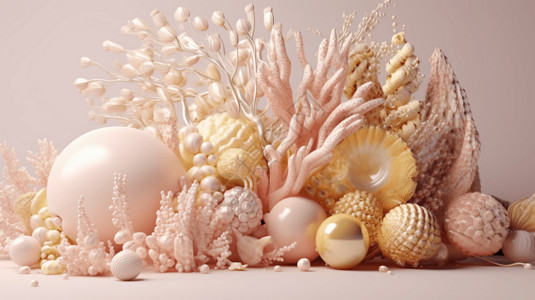 珍珠般的梦幻唯美粉色珍珊瑚和海螺3D图插画