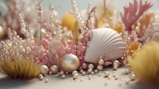 粉色珍珠珊瑚和海螺3D图高清图片