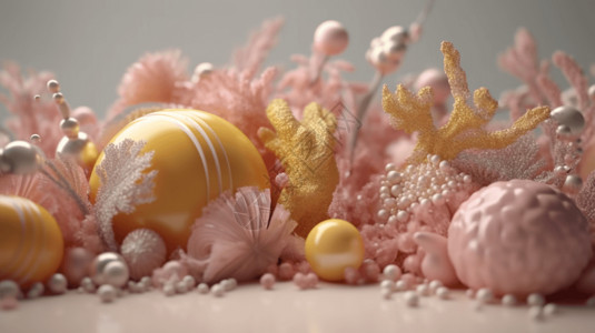 海底黄色柔美珊瑚和海螺3D图插画