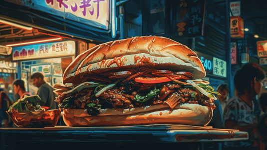 面包特写美食街人流前的巨大汉堡包插画