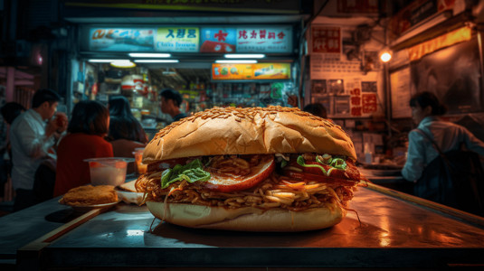 面包特写美食街摊位上的一只巨大汉堡包插画