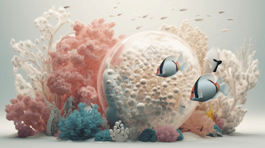 粉色热带鱼彩色热带鱼珊瑚海底植物和透明气泡图插画