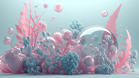 珊瑚海底植物和透明气泡图背景图片