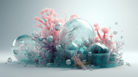 海的颜色珊瑚海底植物和透明气泡图插画