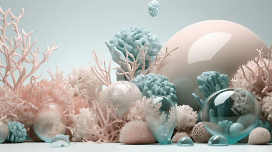 马卡龙色海洋珊瑚和海螺3D图背景图片