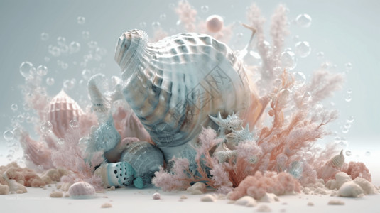 海底小纵队粉色海洋珊瑚和海螺3D图插画